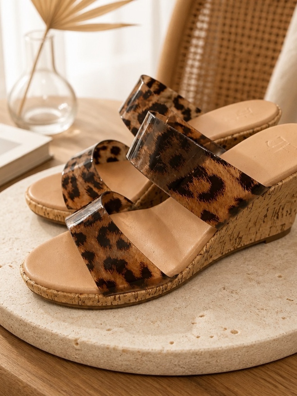 JustFab Leopard Print Cork Wedge Slide Sandals - Tan/Brown